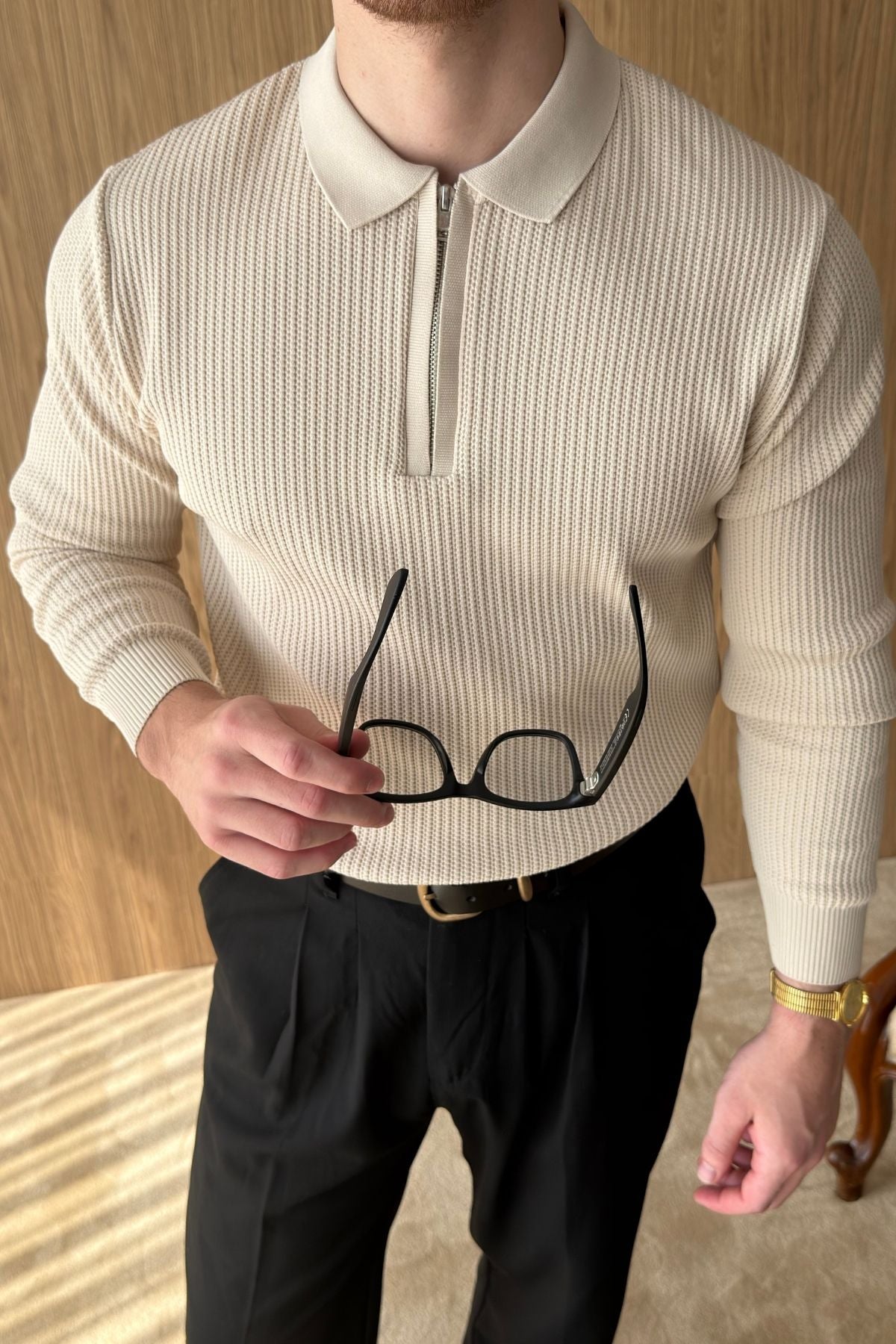 Noli Dokulu Yarım Fermuarlı Polo Yaka Regular Fit Erkek Triko Kazak