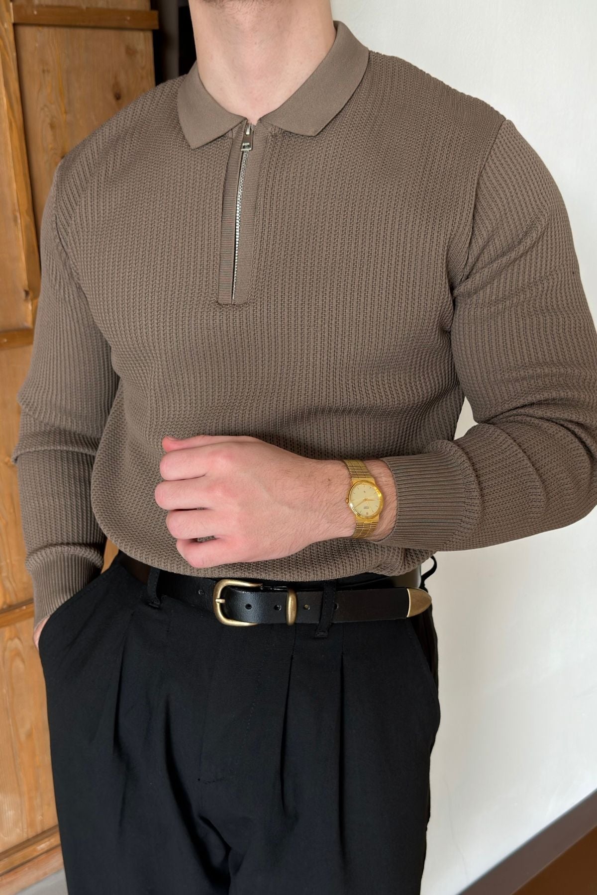 Noli Dokulu Yarım Fermuarlı Polo Yaka Regular Fit Erkek Triko Kazak