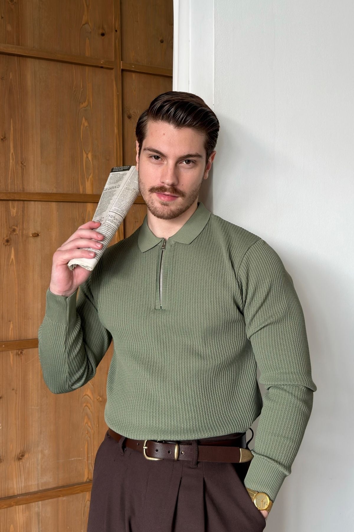 Noli Dokulu Yarım Fermuarlı Polo Yaka Regular Fit Erkek Triko Kazak