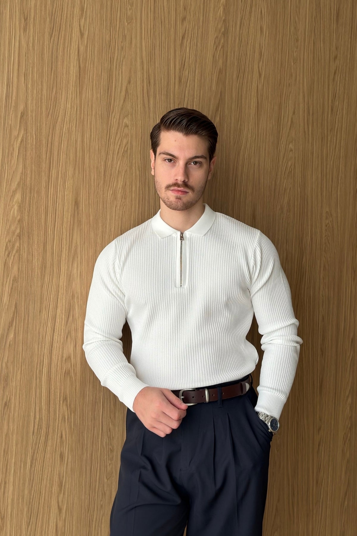 Noli Dokulu Yarım Fermuarlı Polo Yaka Regular Fit Erkek Triko Kazak