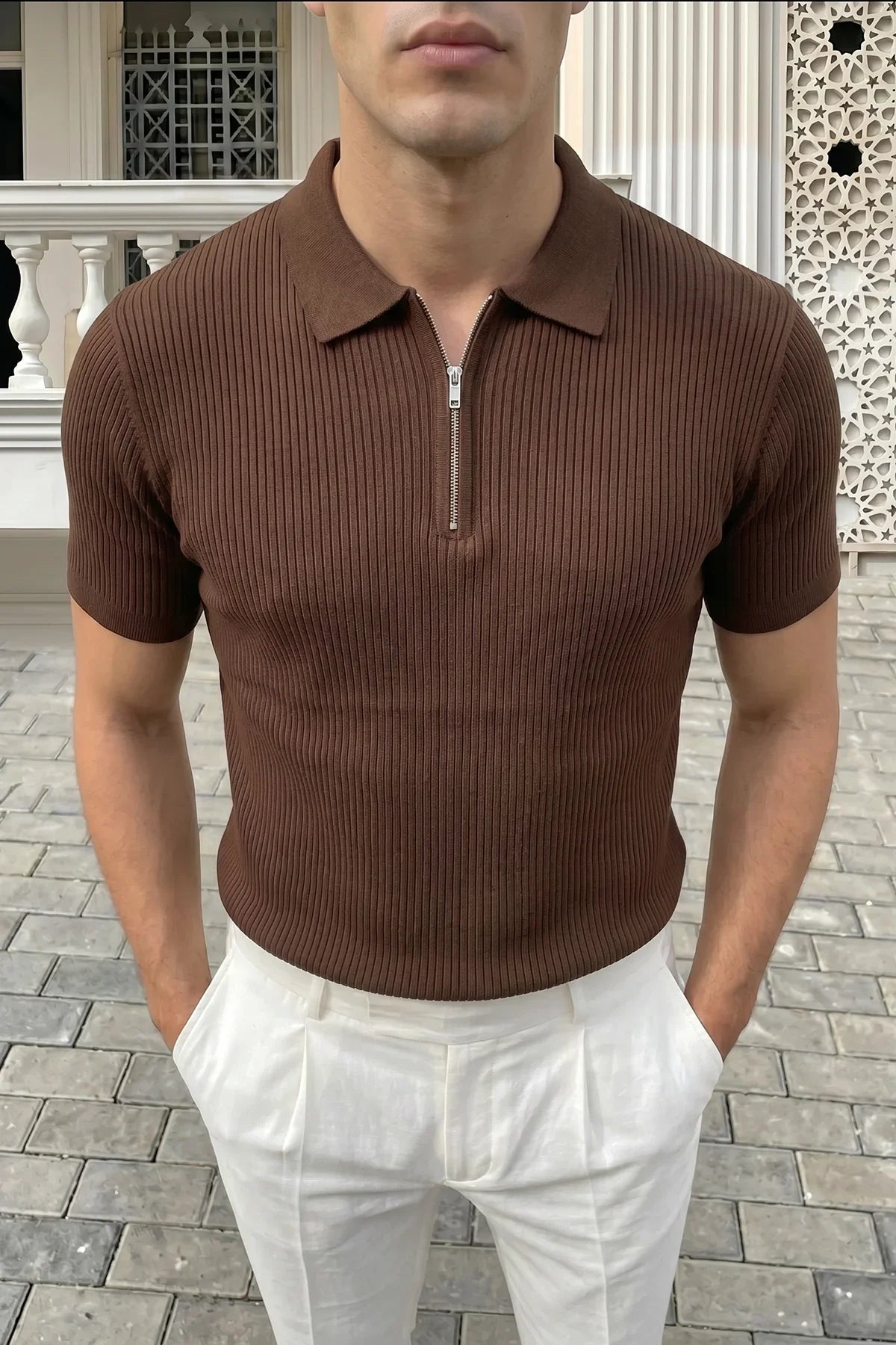 Orin Premium Fitilli Triko Polo Yaka Yarım Fermuarlı Erkek Tişört