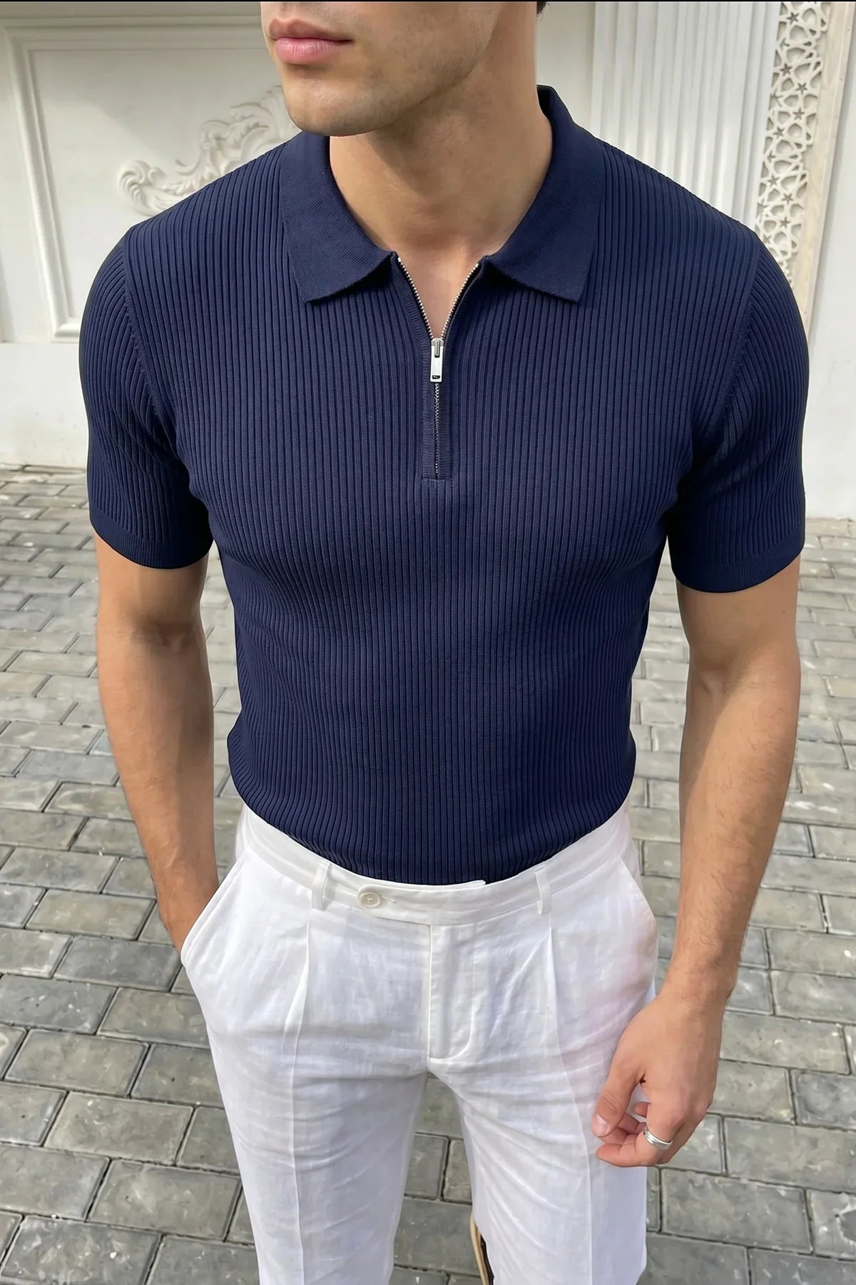 Orin Premium Fitilli Triko Polo Yaka Yarım Fermuarlı Erkek Tişört
