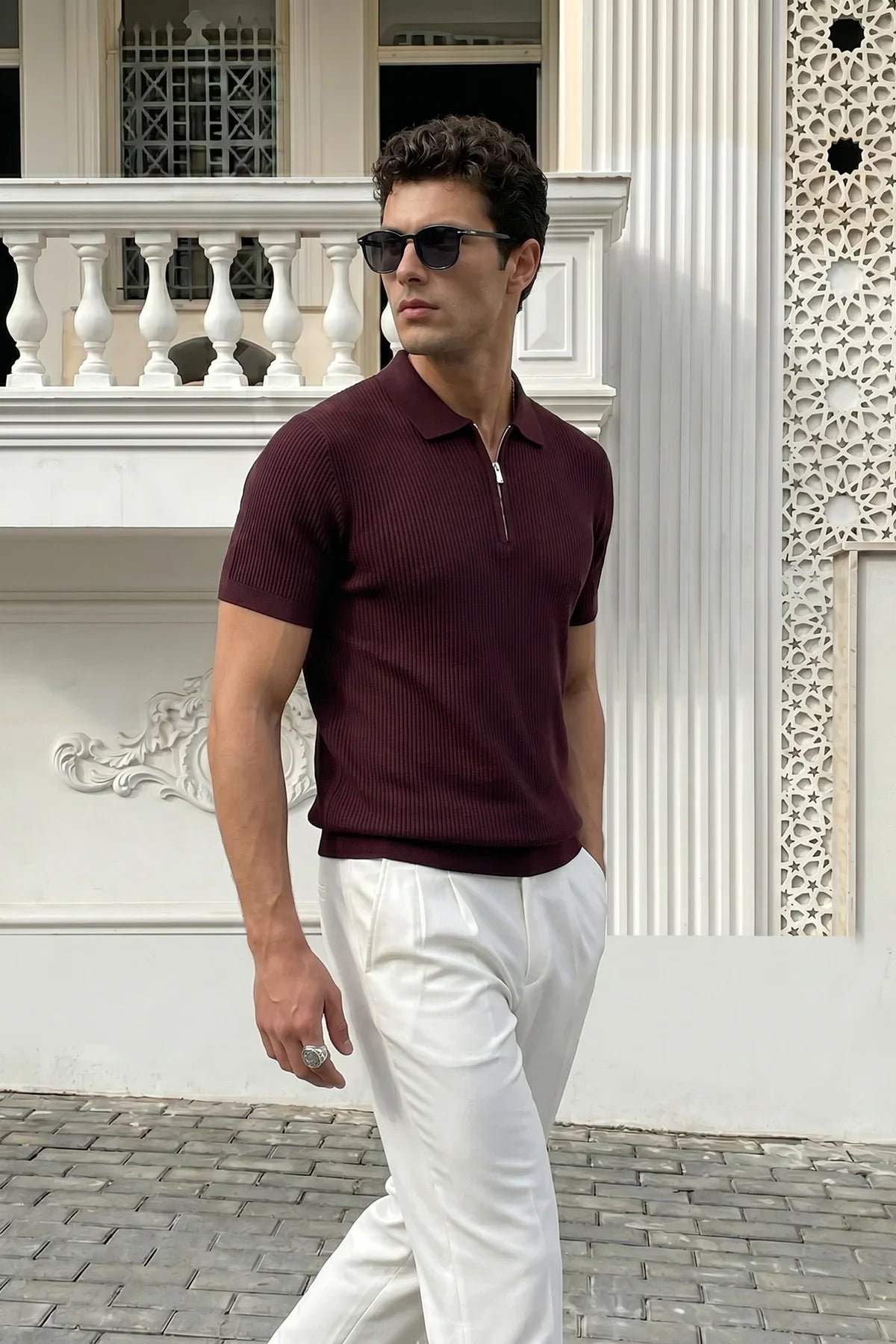 Orin Premium Fitilli Triko Polo Yaka Yarım Fermuarlı Erkek Tişört