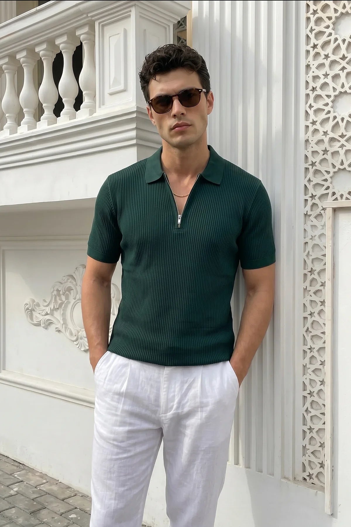 Orin Premium Fitilli Triko Polo Yaka Yarım Fermuarlı Erkek Tişört