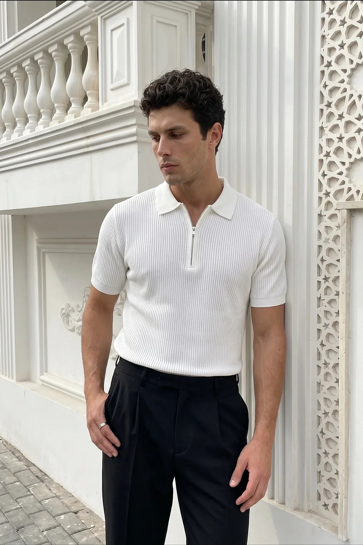 Orin Premium Fitilli Triko Polo Yaka Yarım Fermuarlı Erkek Tişört