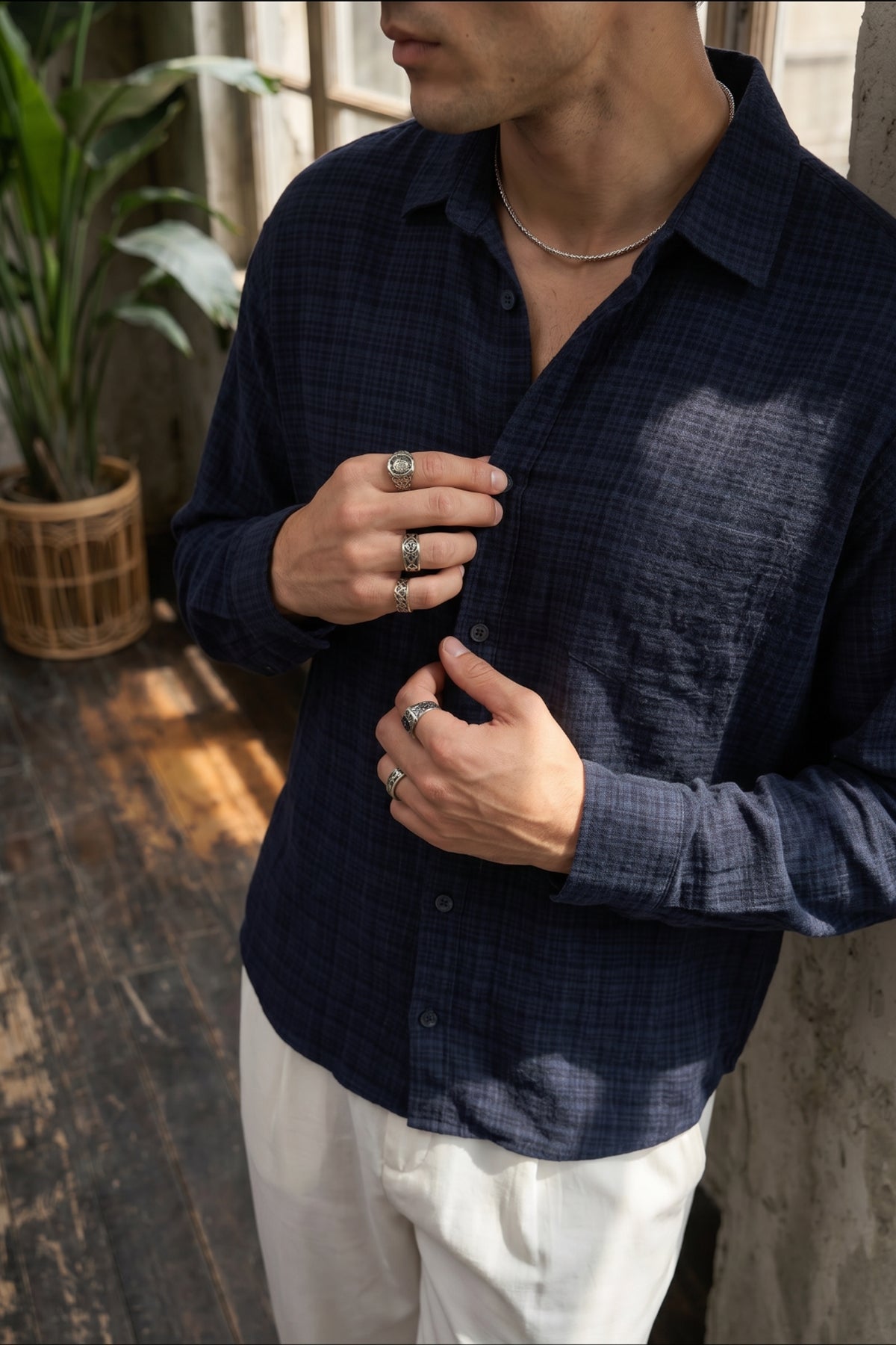 Piana %100 Cotton Kendinden Desenli Oversize Erkek Gömlek Yazlık Rahat Kesim Gömlek