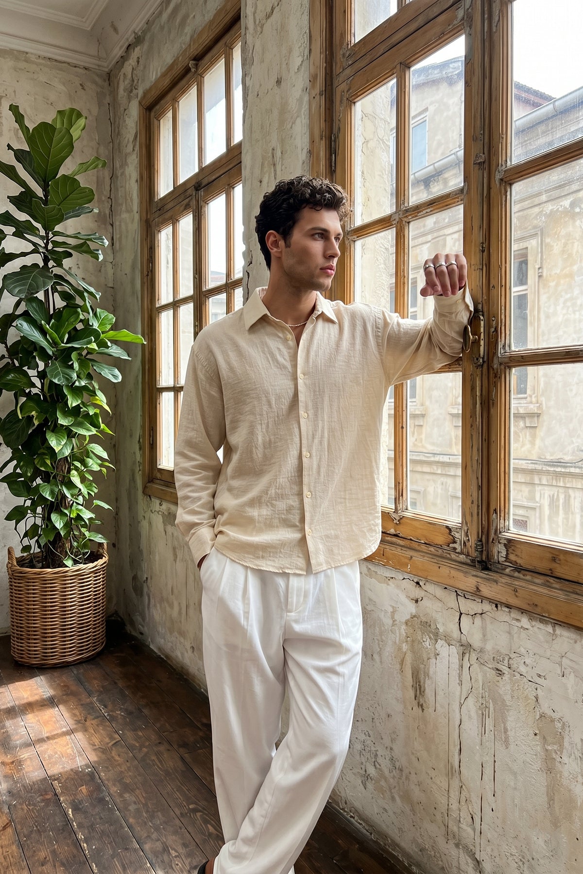 Piana %100 Cotton Kendinden Desenli Oversize Erkek Gömlek Yazlık Rahat Kesim Gömlek