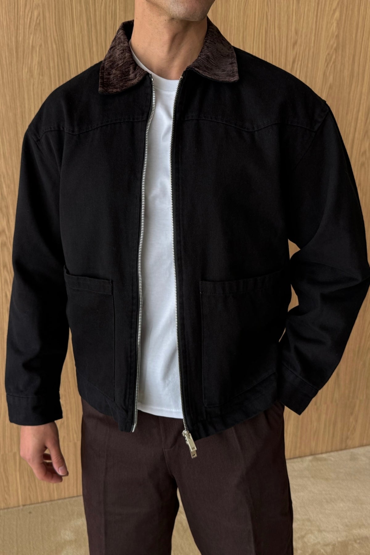 Sanyo Kadife Yaka Çift Fermuarlı Oversize Erkek Gabardin Ceket
