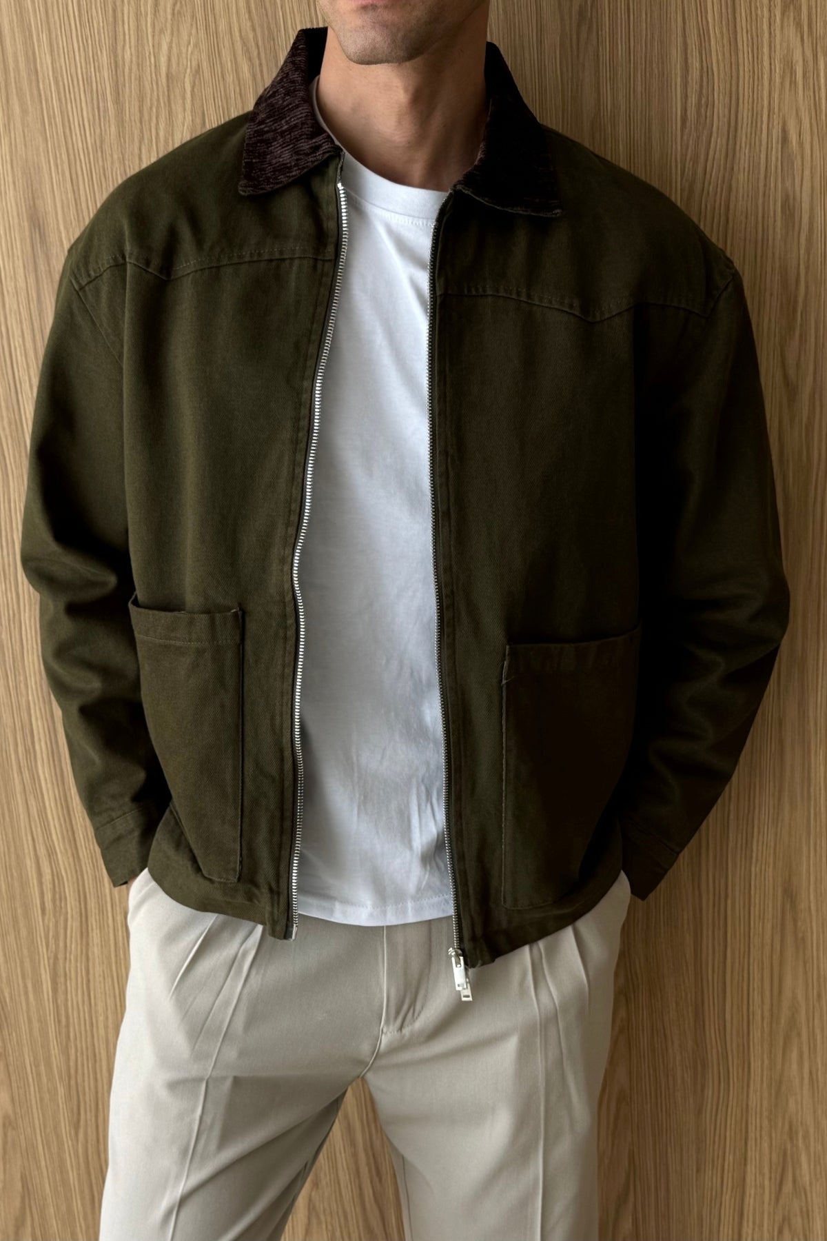 Sanyo Kadife Yaka Çift Fermuarlı Oversize Erkek Gabardin Ceket
