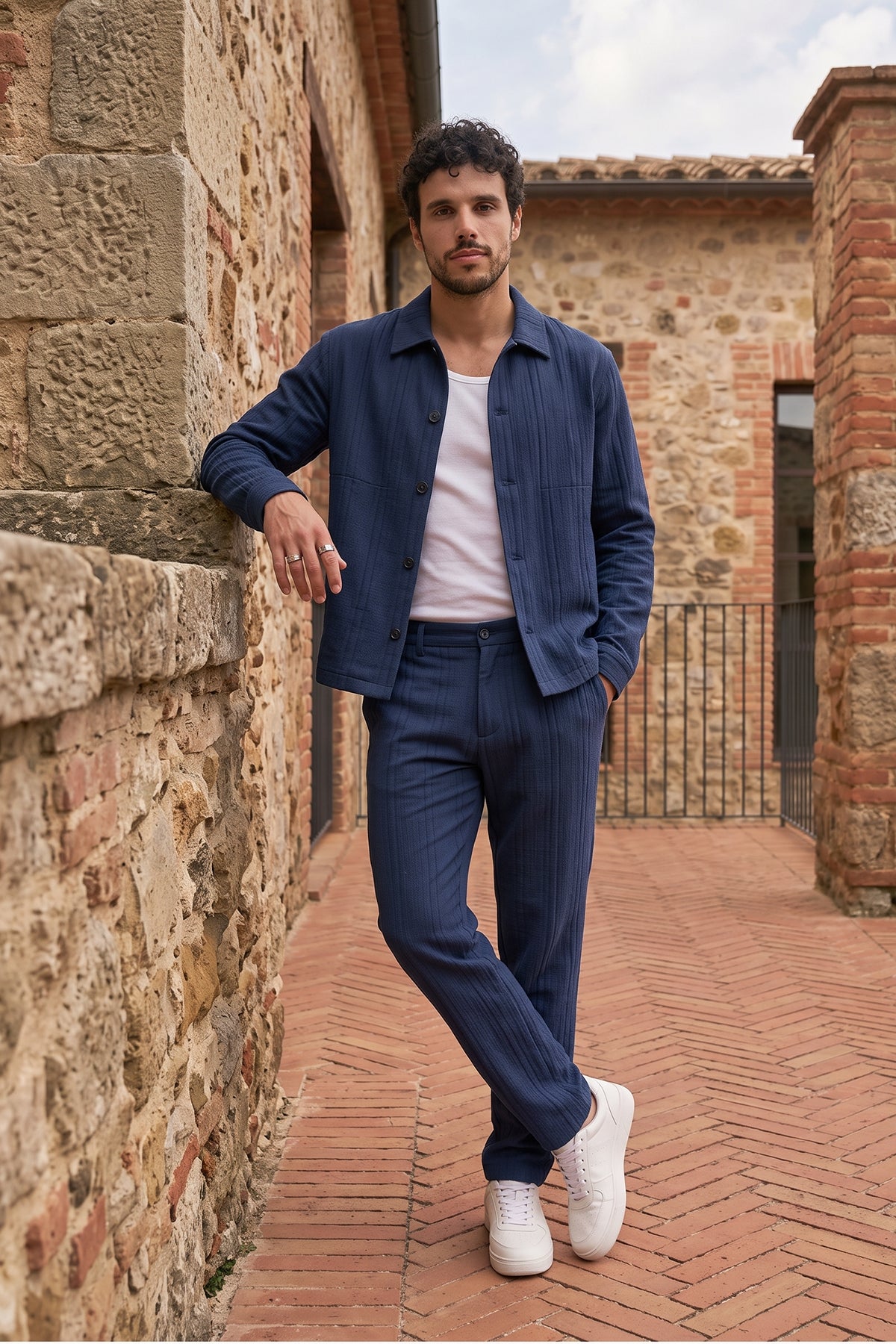 Talbot Premium Keten Desenli Düğmeli Ceket Pantolon Erkek Takım Relax Kalıp
