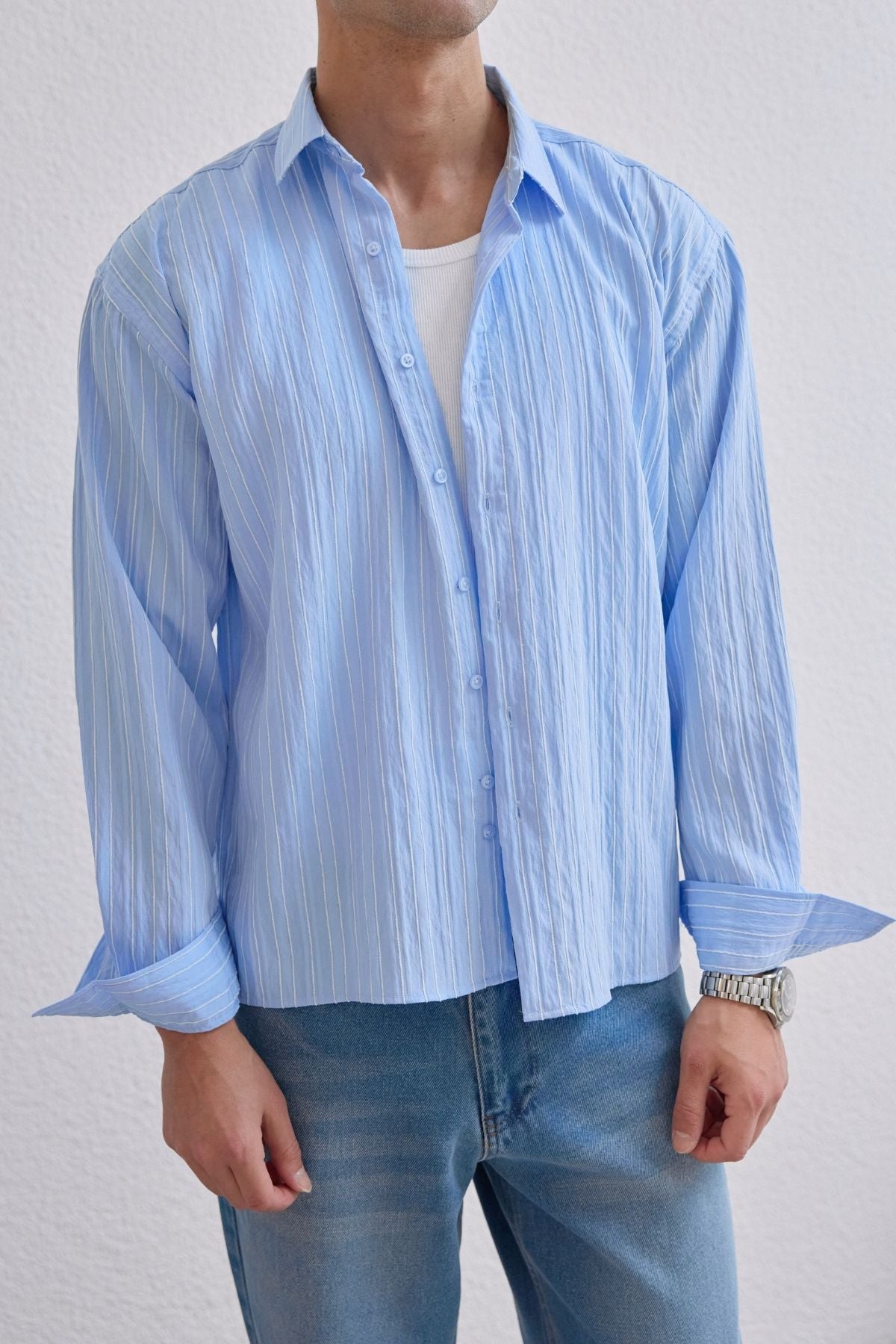 Tugur Erkek Çizgili Oversize Premium Gömlek Soft Touch Refined Comfort