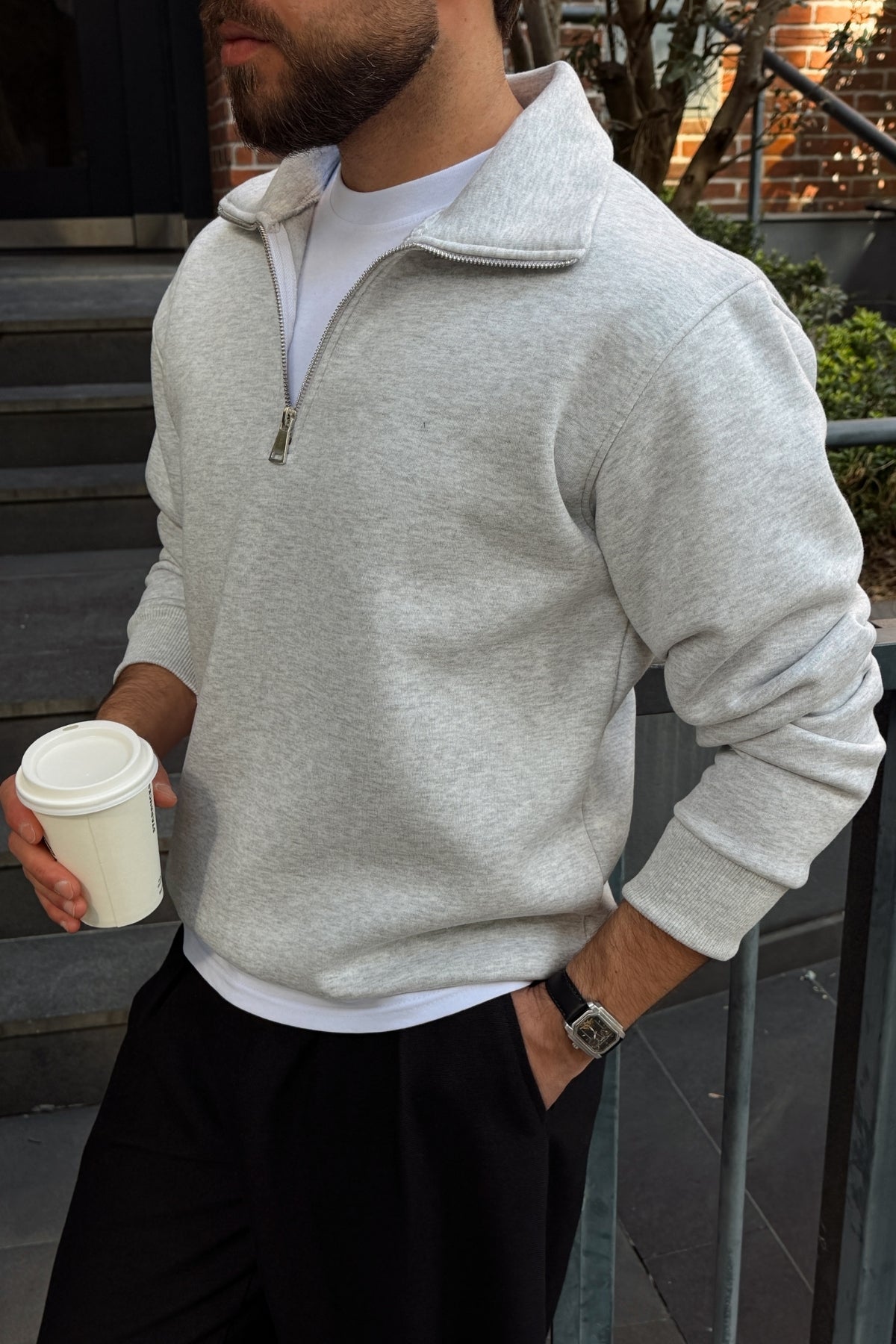 Tulun 3 İplik Şardonlu Yarım Fermuarlı Geniş Kalıp Erkek Sweatshirt