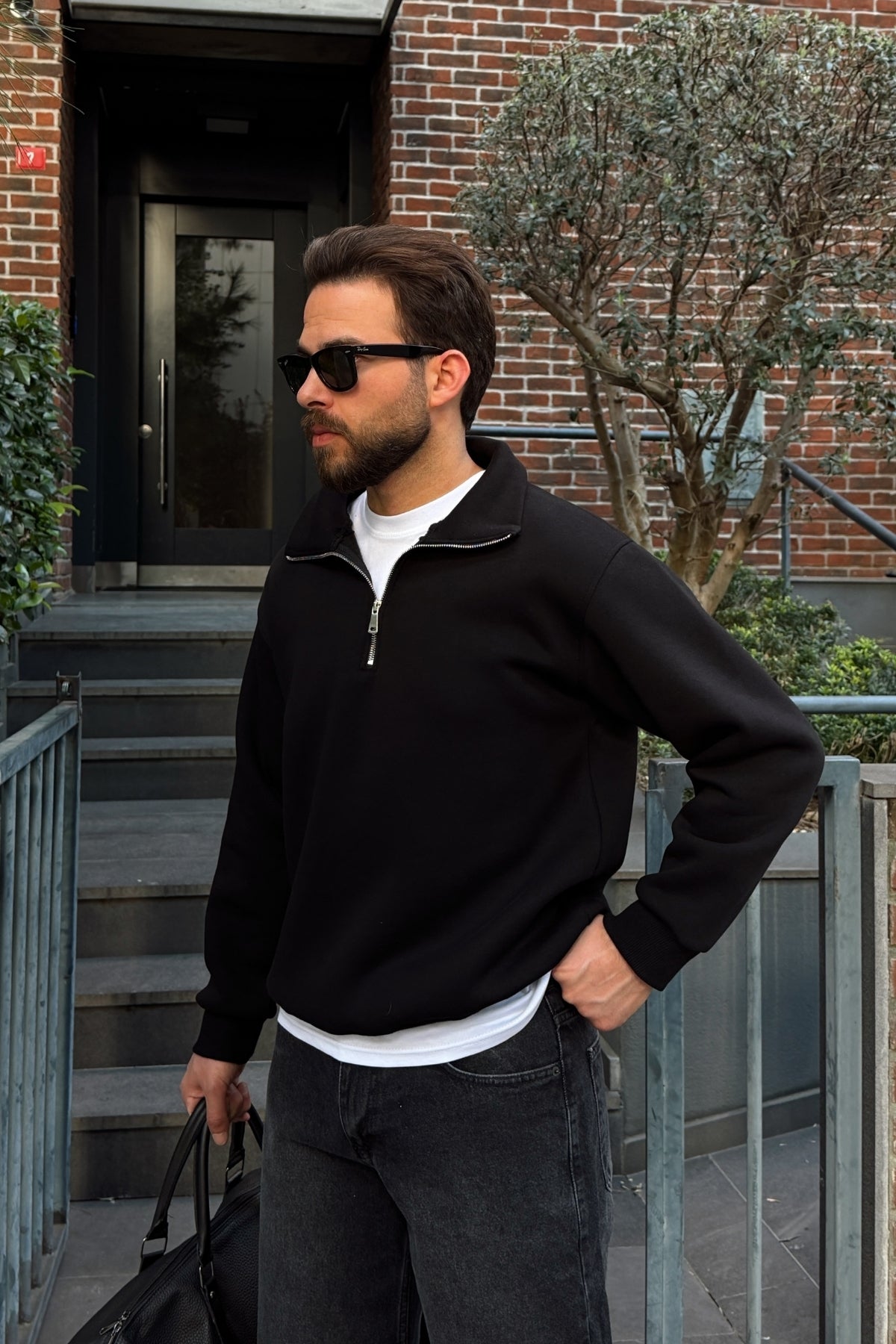 Tulun 3 İplik Şardonlu Yarım Fermuarlı Geniş Kalıp Erkek Sweatshirt