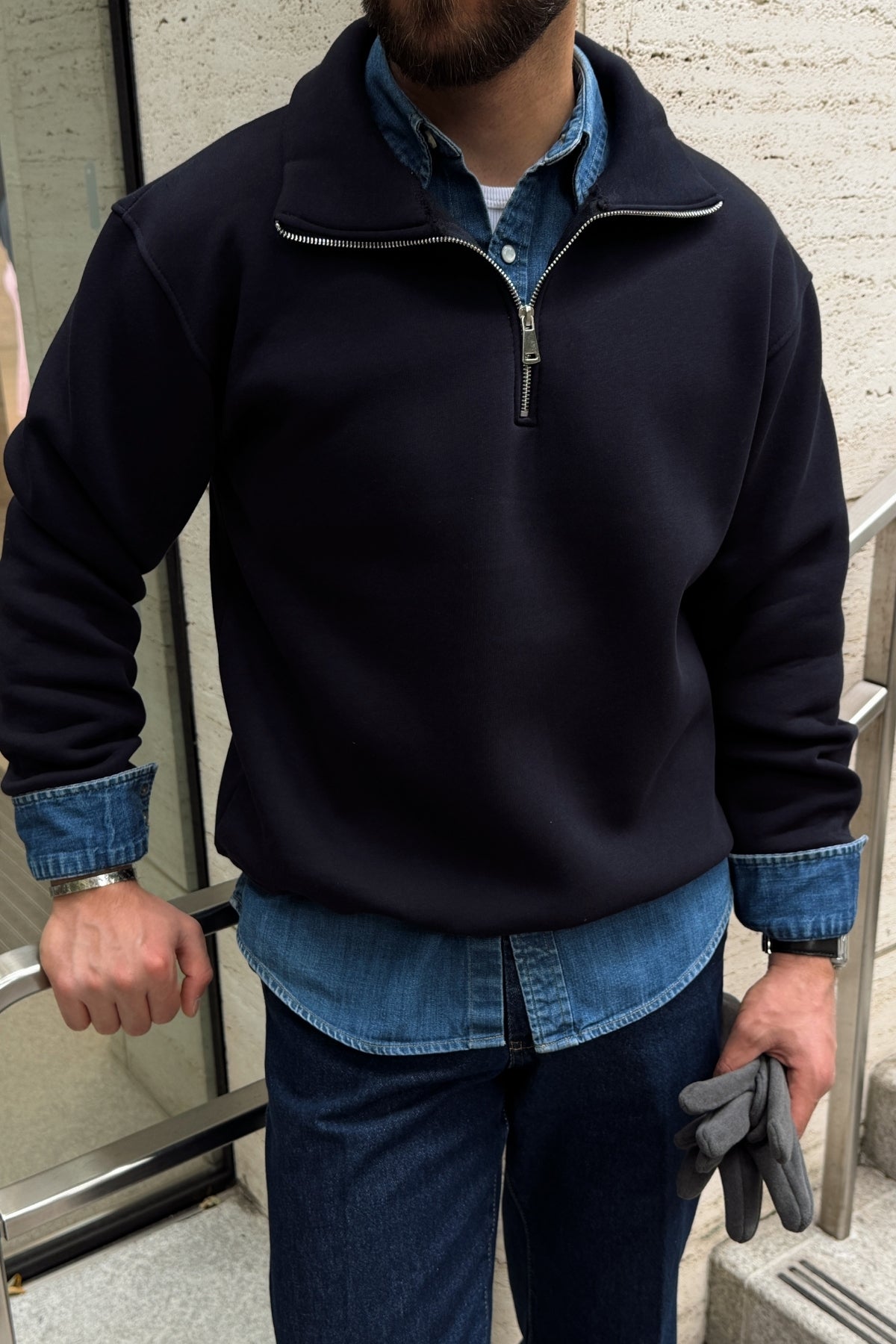 Tulun 3 İplik Şardonlu Yarım Fermuarlı Geniş Kalıp Erkek Sweatshirt