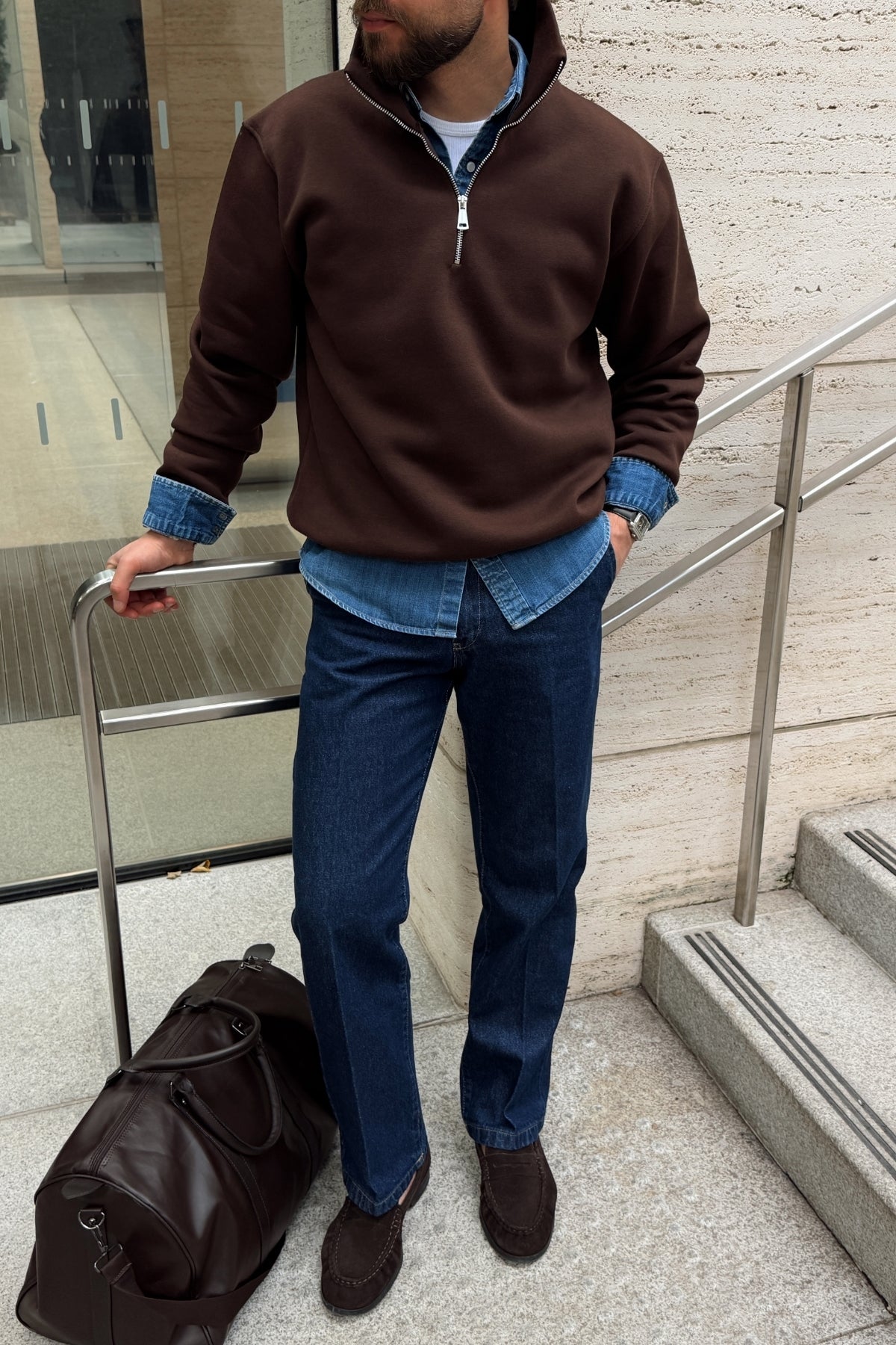 Tulun 3 İplik Şardonlu Yarım Fermuarlı Geniş Kalıp Erkek Sweatshirt