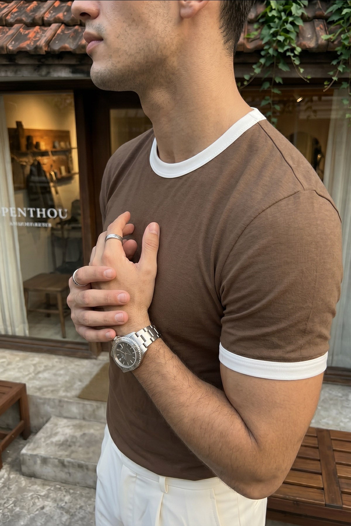 Wour Erkek %100 Pamuk Premium Bisiklet Yaka Tişört Kontrast Yaka Kol, Fit Kalıp