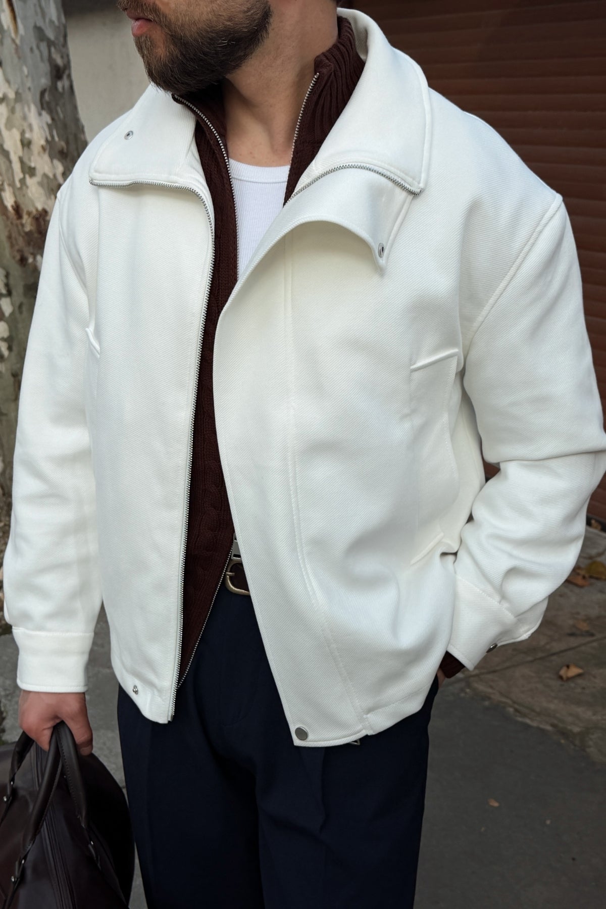 Yongi Asimetrik Fermuarlı Çıtçıt Detaylı Oversize Erkek Gabardin Ceket