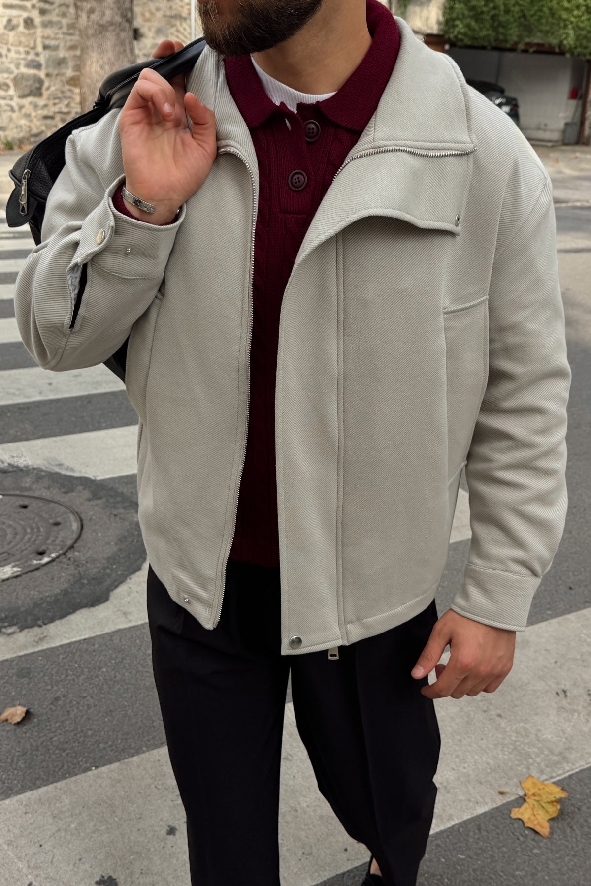 Yongi Asimetrik Fermuarlı Çıtçıt Detaylı Oversize Erkek Gabardin Ceket