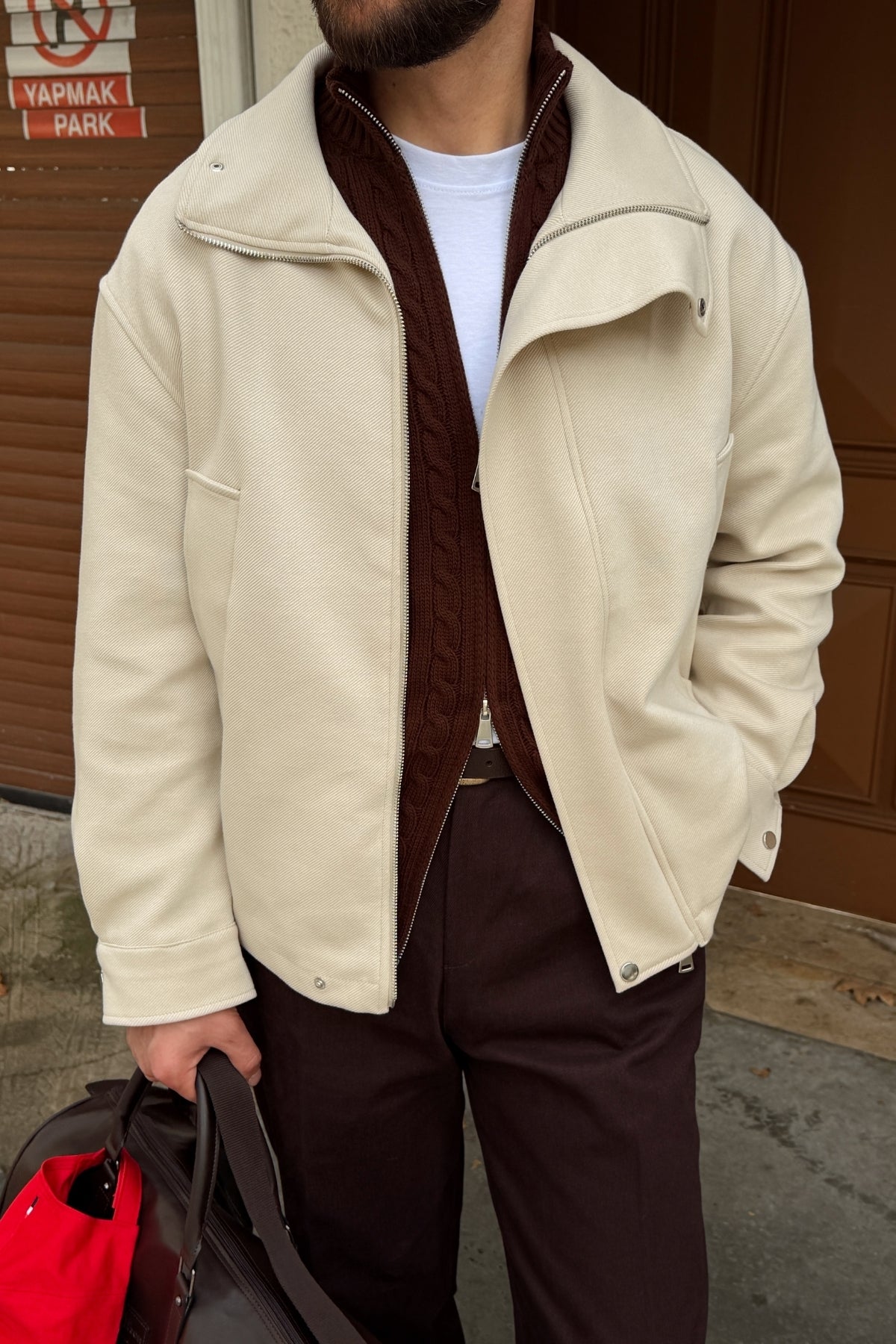 Yongi Asimetrik Fermuarlı Çıtçıt Detaylı Oversize Erkek Gabardin Ceket