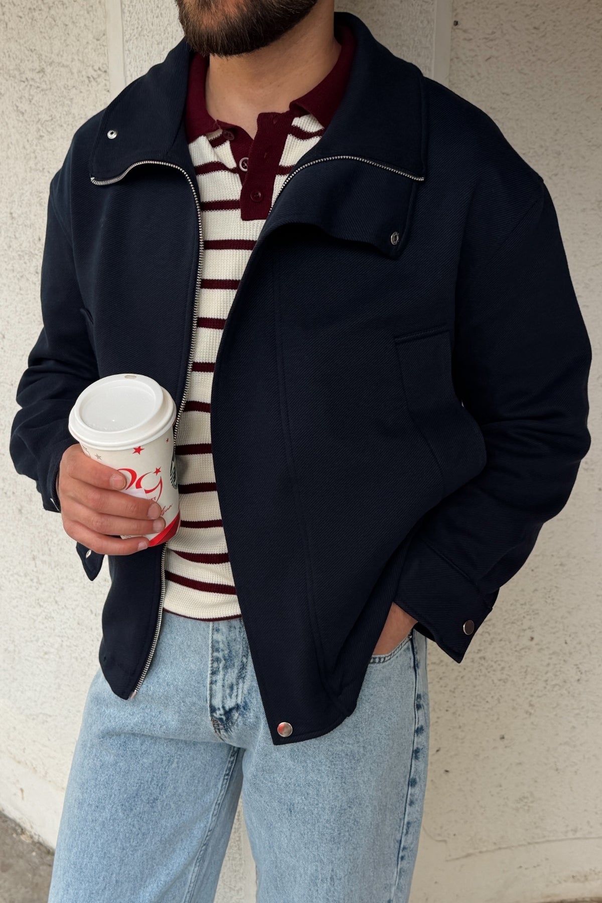 Yongi Asimetrik Fermuarlı Çıtçıt Detaylı Oversize Erkek Gabardin Ceket