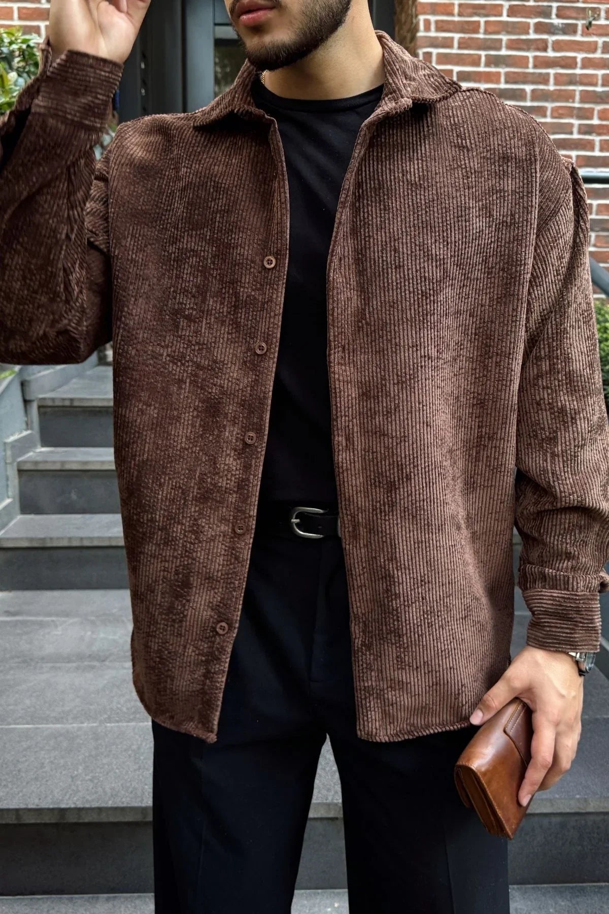 Yotau Erkek Oversize Fit Kadife Uzun Kollu Gömlek Ceket