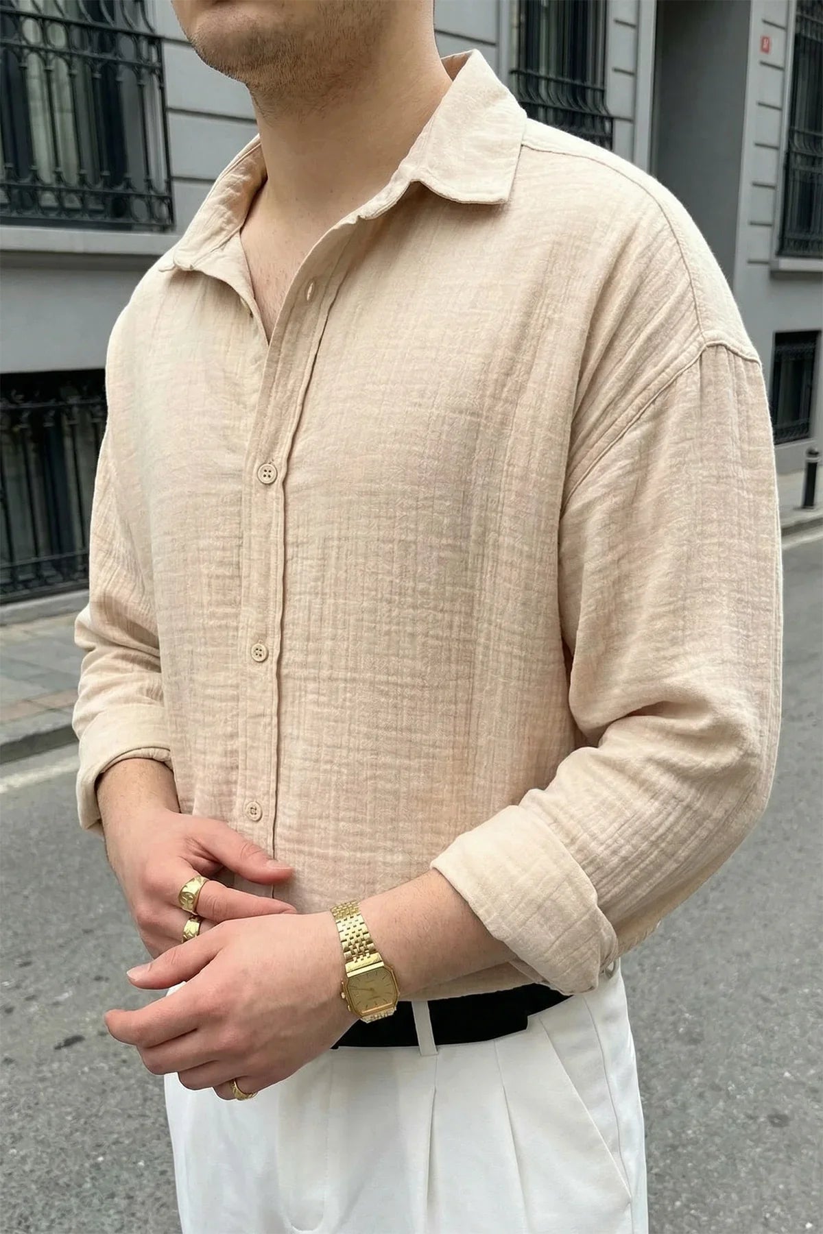 Yurin Erkek Premium Müslin %100 Pamuk Oversize Uzun Kollu Gömlek - Livio Ferri