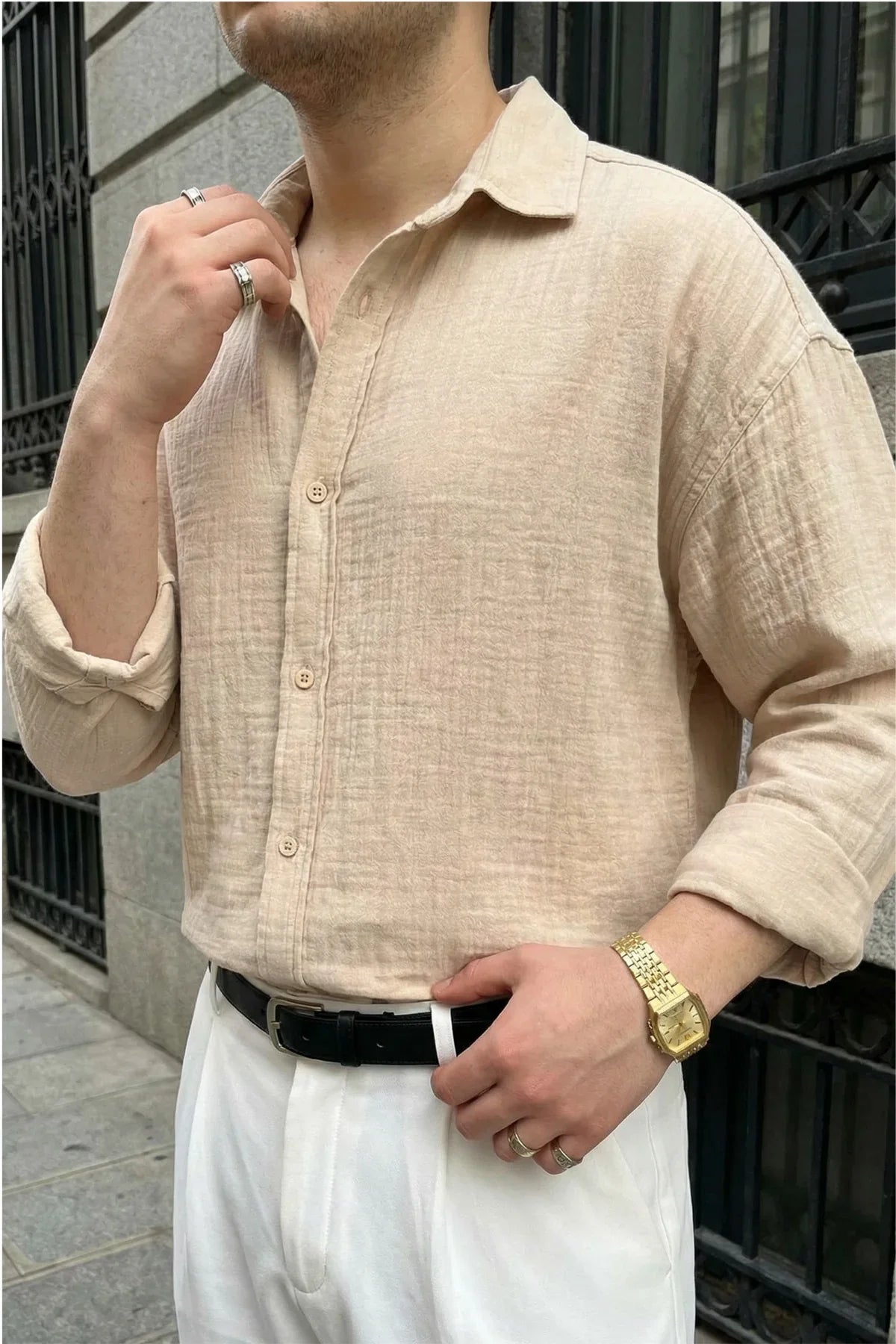 Yurin Erkek Premium Müslin %100 Pamuk Oversize Uzun Kollu Gömlek - Livio Ferri