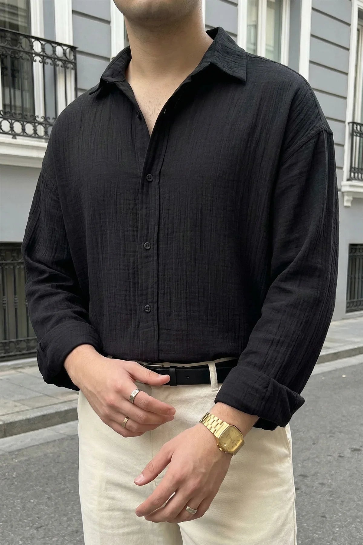 Yurin Erkek Premium Müslin %100 Pamuk Oversize Uzun Kollu Gömlek - Livio Ferri